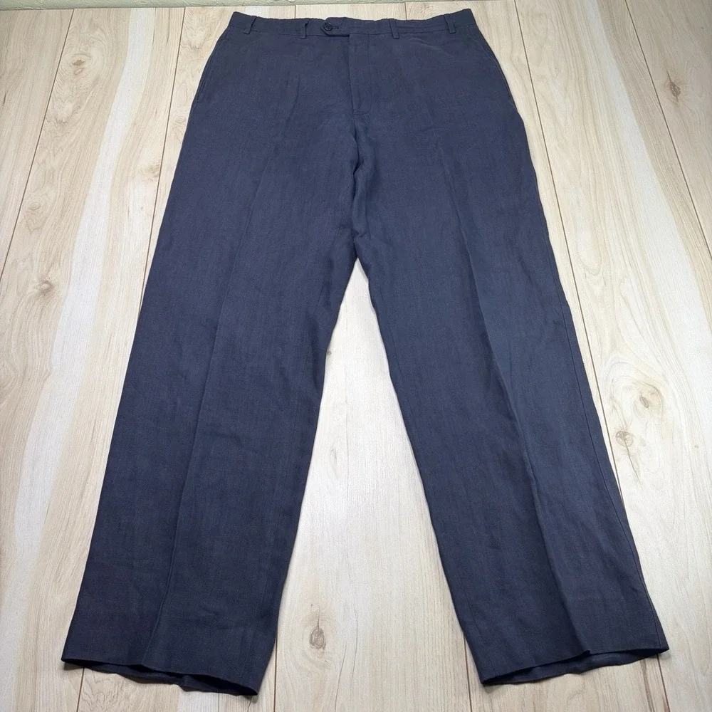 Gran Sasso 100% Flax Dress Pants Mens Size 34x32 Navy Blue Trousers Linen